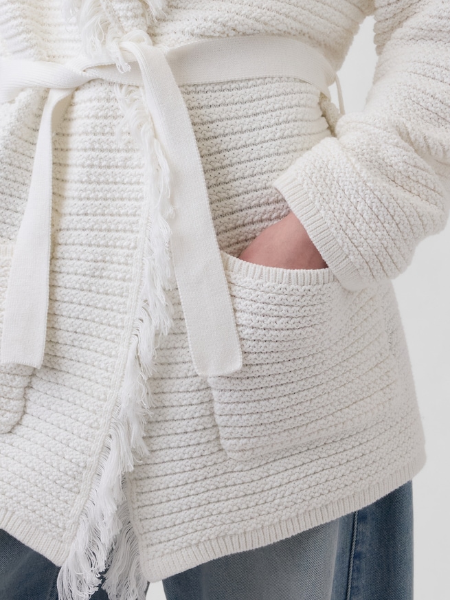 コットン100% オーバーサイズ フリンジ ショールカーディガン-3