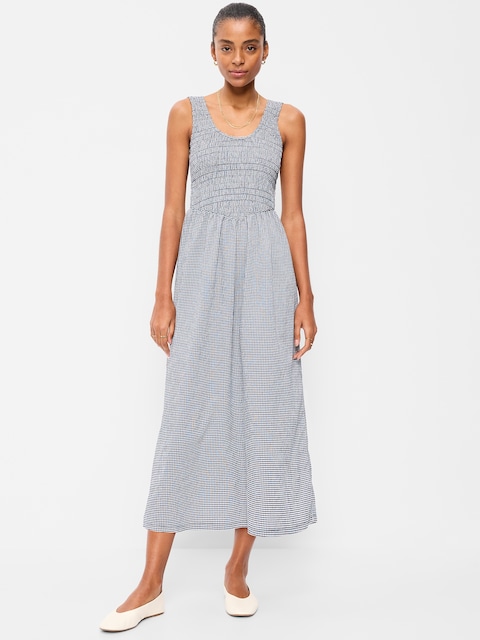 ROBE MI-LONGUE AJUSTÉE ET ÉVASÉE LÉGÈRE À CORSAGE SMOCKÉ