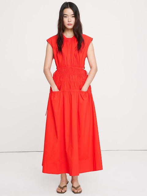 ROBE LONGUE À DOS DÉNUDÉ EN COTON ET POPELINE À FRONCES