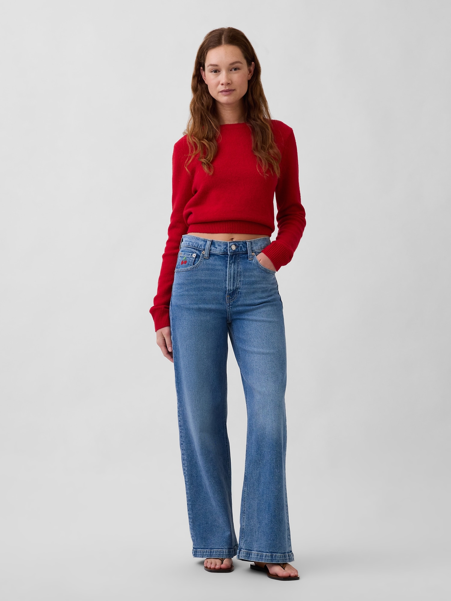High Rise Stride Heart Pocket Wide-Leg Jeans