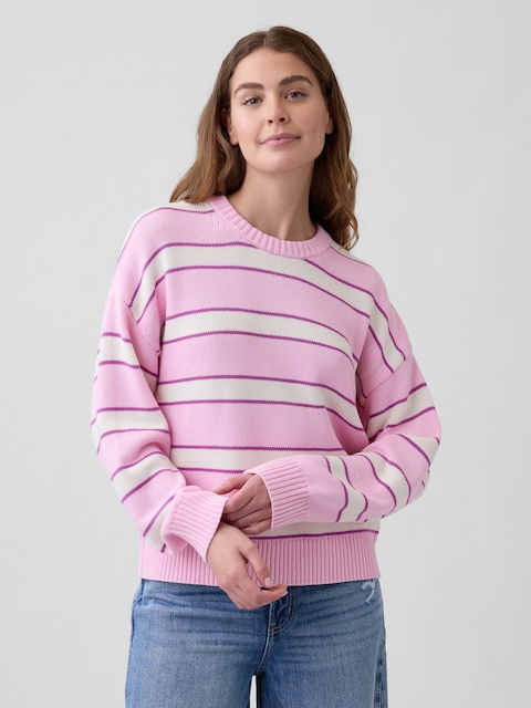 Relaxed Cotton Crewneck Sweater - Pink Stripe