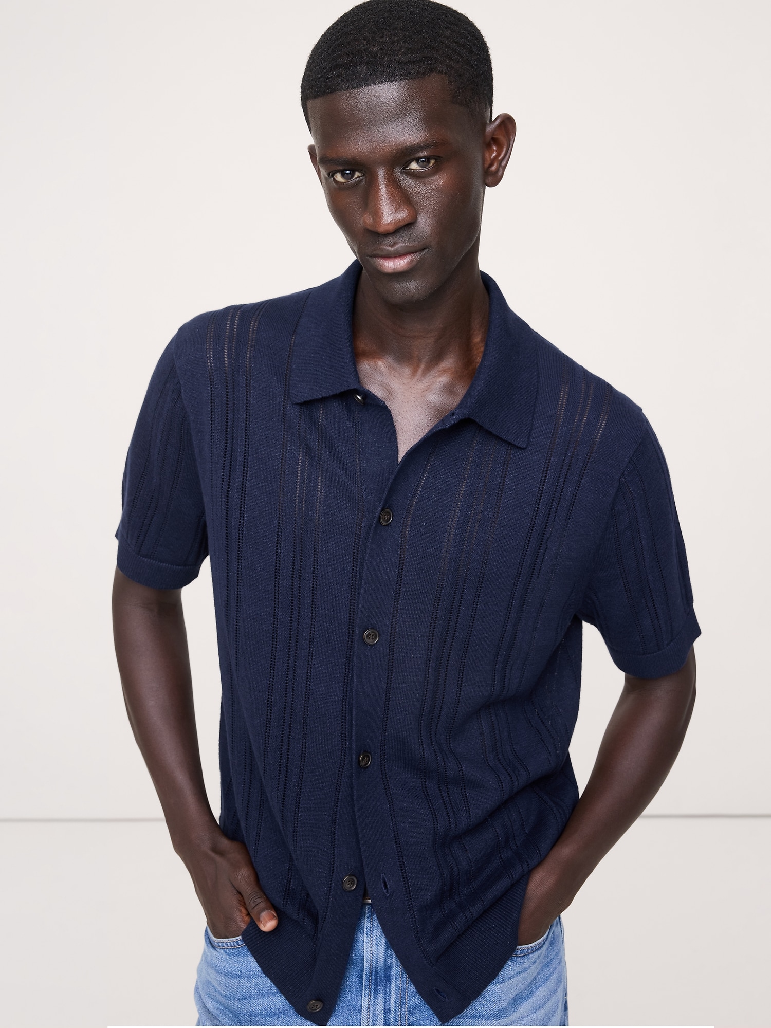 CARDIGAN À COL POLO EN POINTELLE DE LIN ET COTON