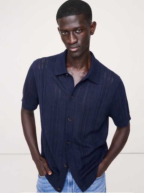 CARDIGAN À COL POLO EN POINTELLE DE LIN ET COTON