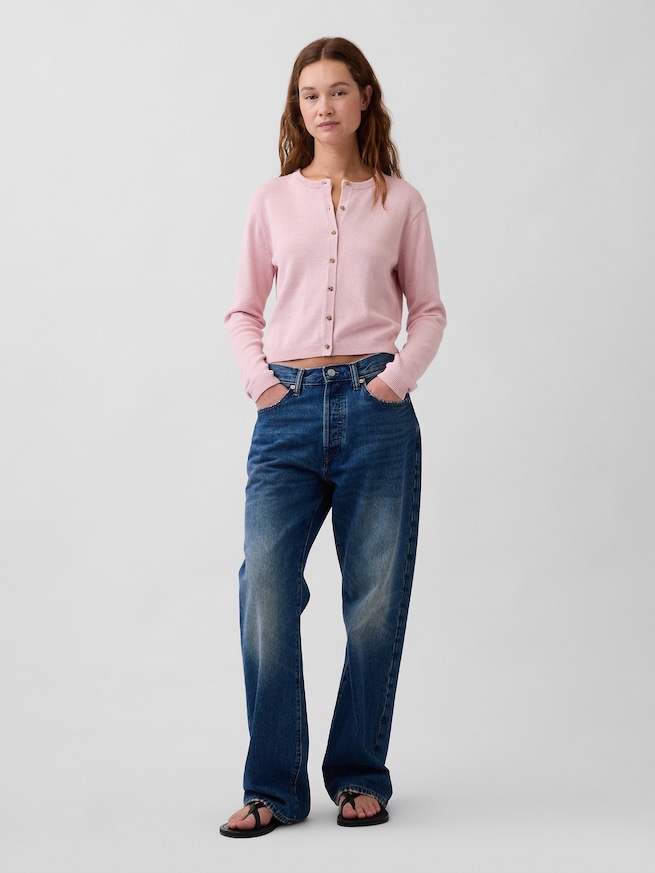 コットン100% リラックスフィット クロップド ニットカーディガン-1