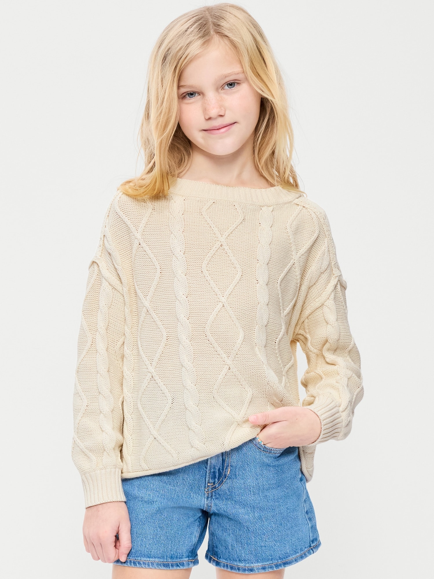 Oversized Long-Sleeve Cable-Knit Sweater for Girls