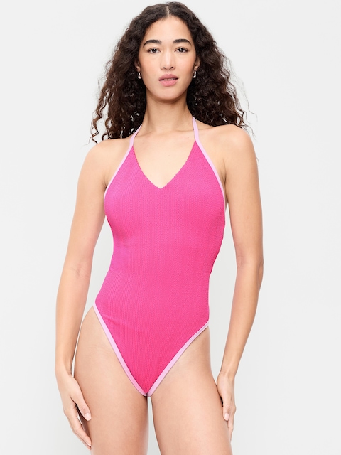 Ribbed V-Neck Halter One-Piece Swimsuit