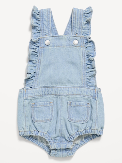 Ruffle-Trim Jean One-Piece Romper for Baby