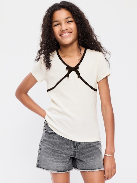 Fitted Short-Sleeve Ribbed Bow Top for Girls