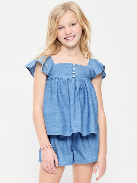 Flutter-Sleeve Chambray Top for Girls