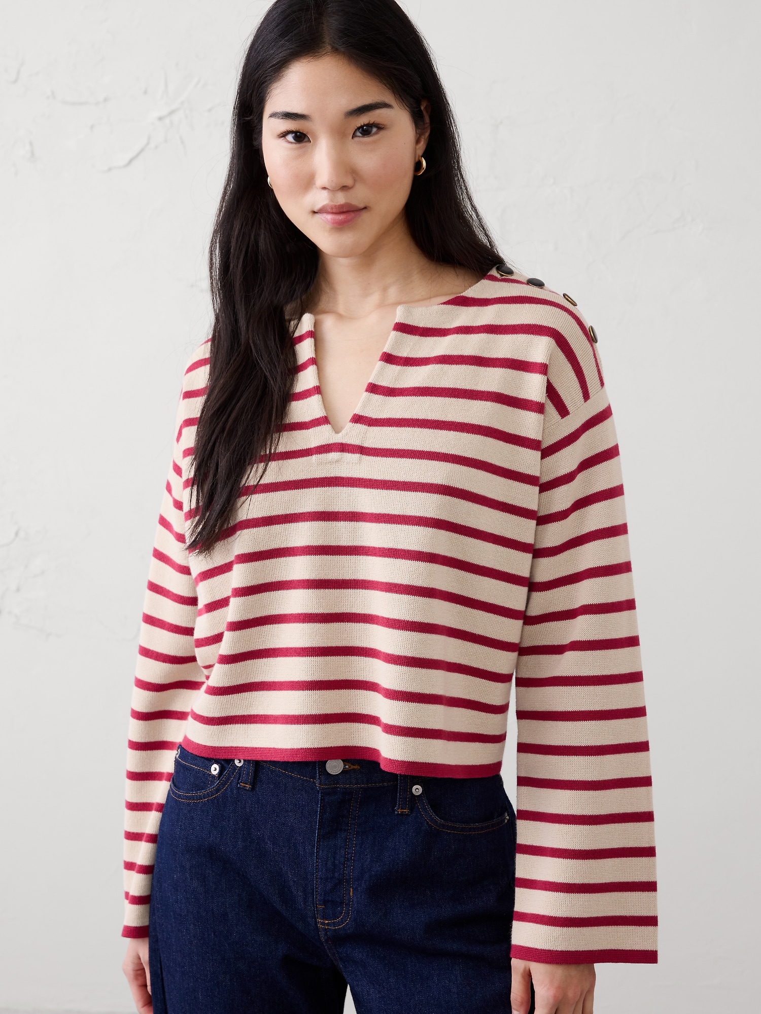 Striped Button Notch-Neck Sweater