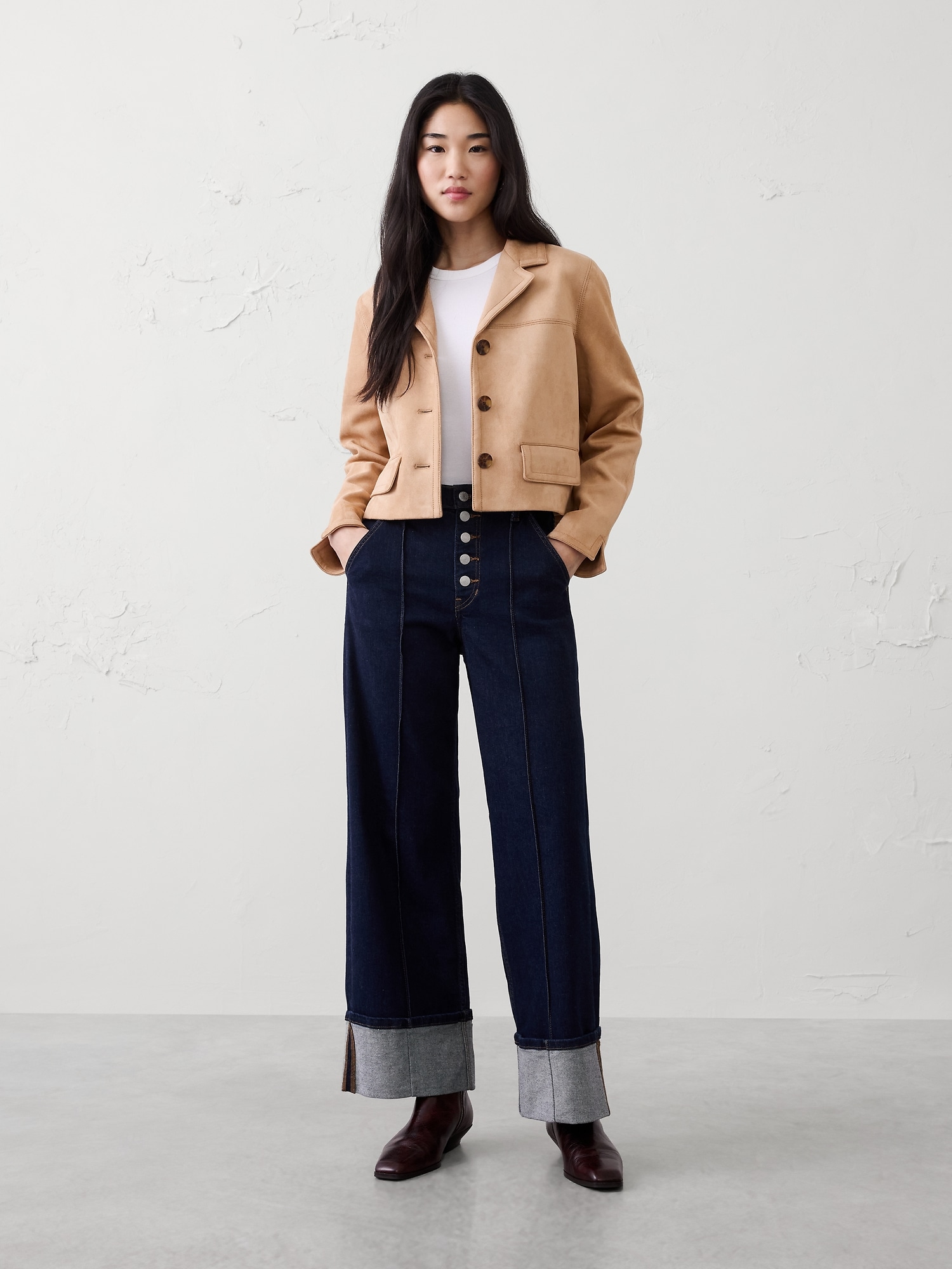 Wide-Leg High-Rise Pintuck Cuffed Jean