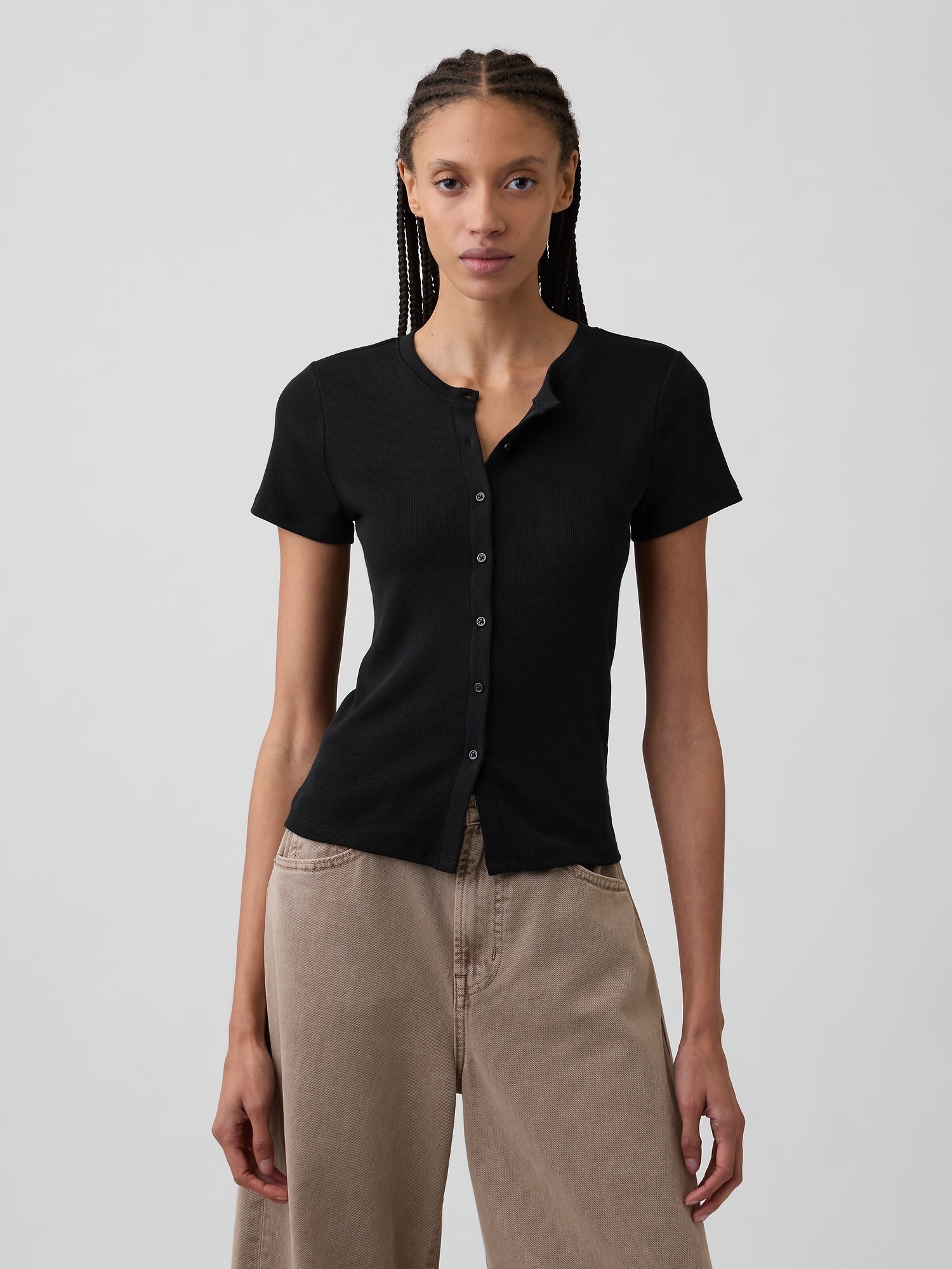 Ribbed Button-Up Top