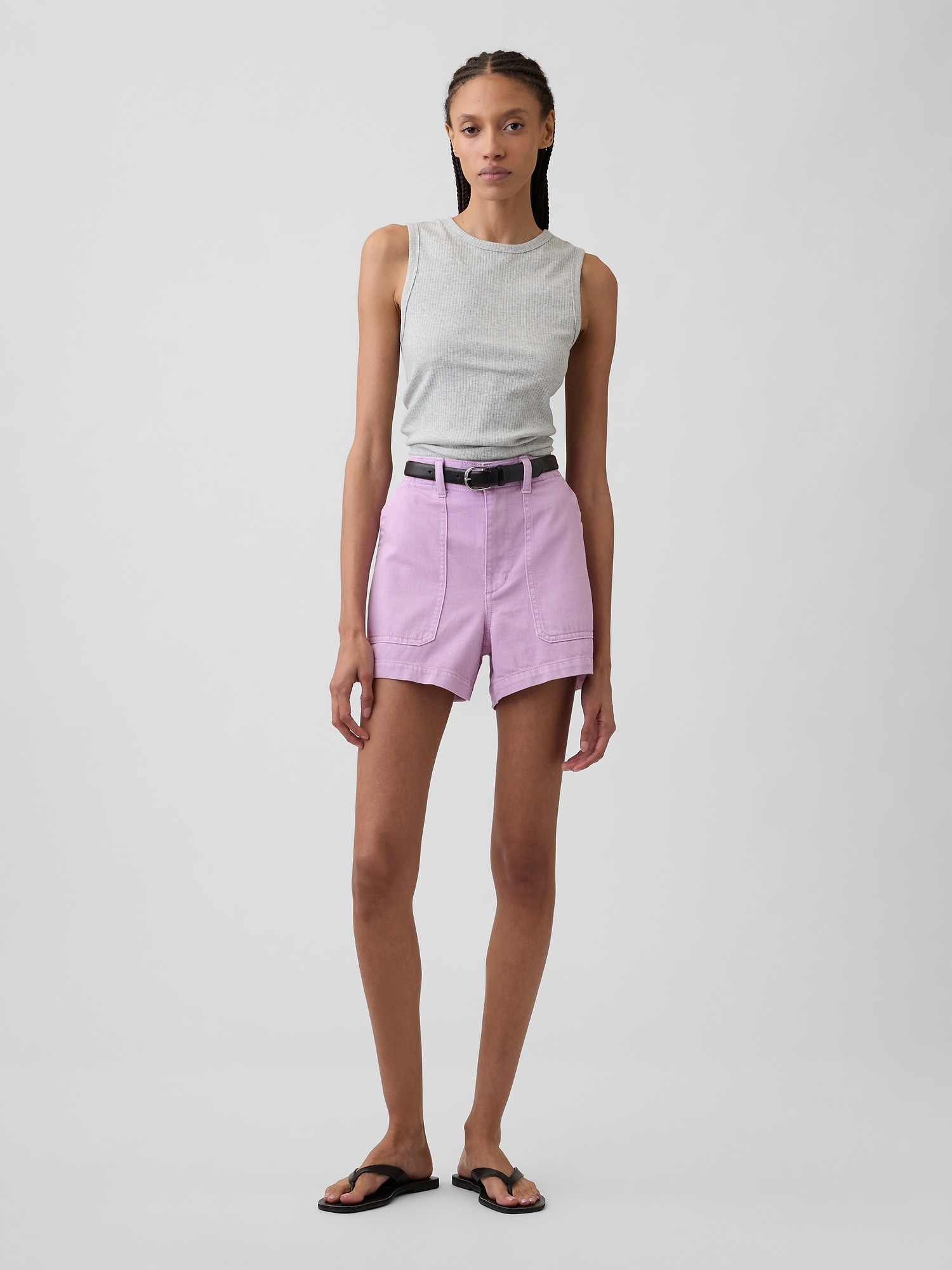 4" High Rise Soft Denim Utility Shorts