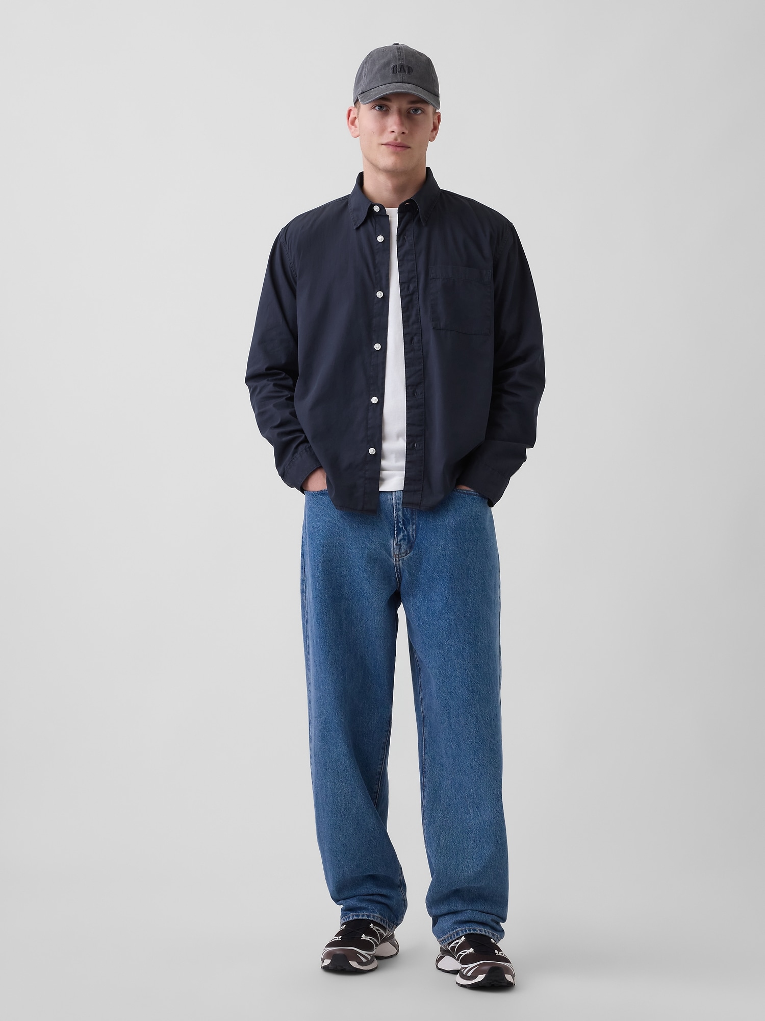 オーガニックコットン リラックスフィット GAPロゴ ポプリンシャツ-1
