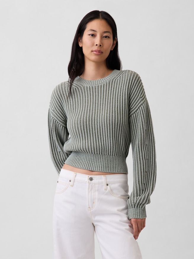 コットン100% バレルスリーブ クロップドセーター-0