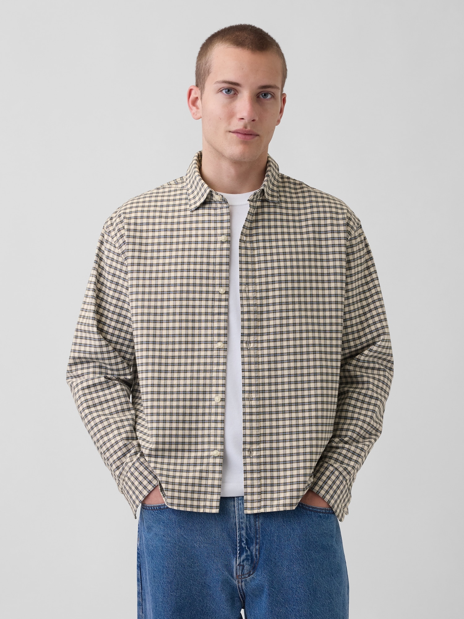 リラックスフィット クロップド ストレートヘム オックスフォードシャツ-0