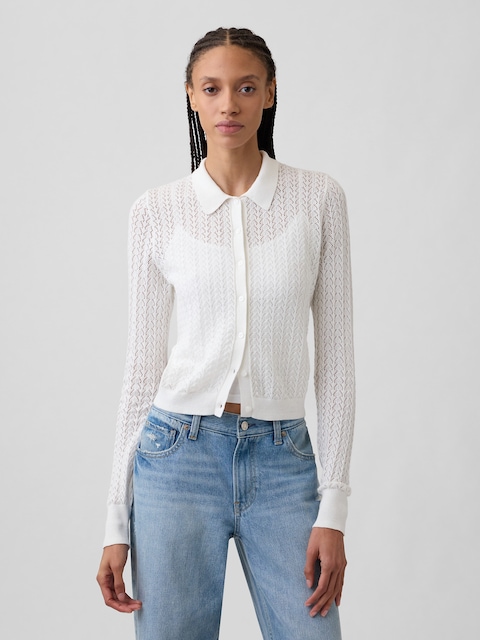 Lace-Stitch Collared Cardigan