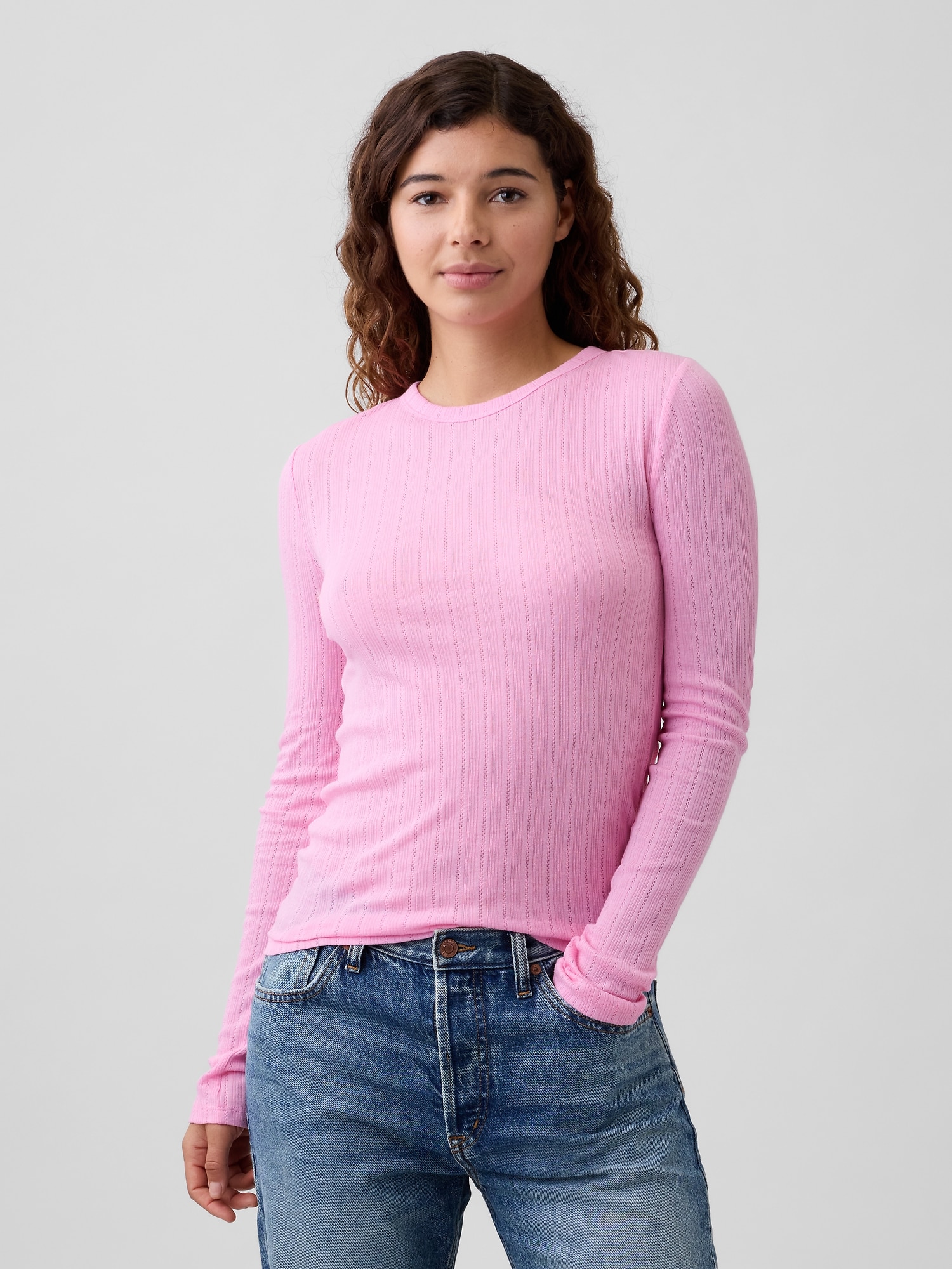 Ribbed Pointelle Crewneck T-Shirt