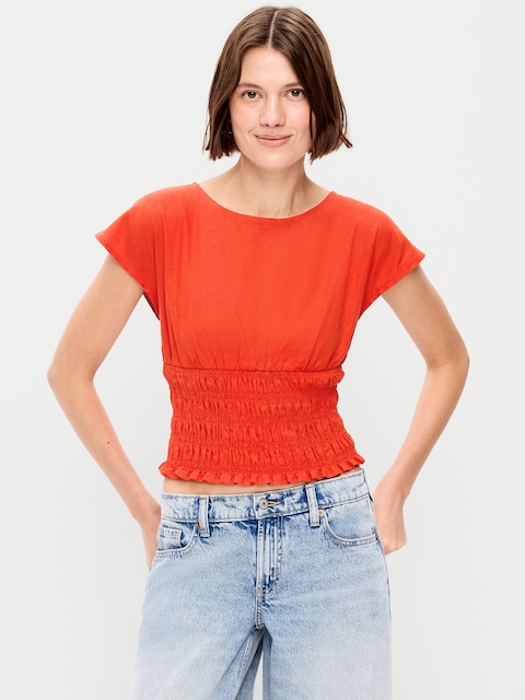 Linen-Blend Short-Sleeve Smocked Top
