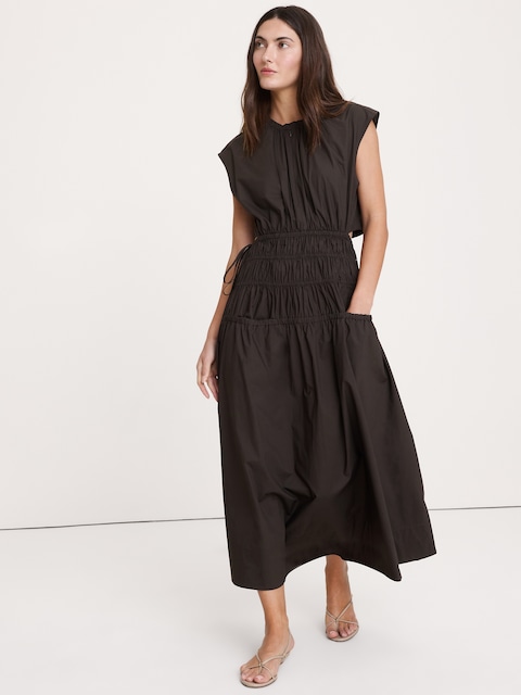 ROBE LONGUE À DOS DÉNUDÉ EN COTON ET POPELINE À FRONCES