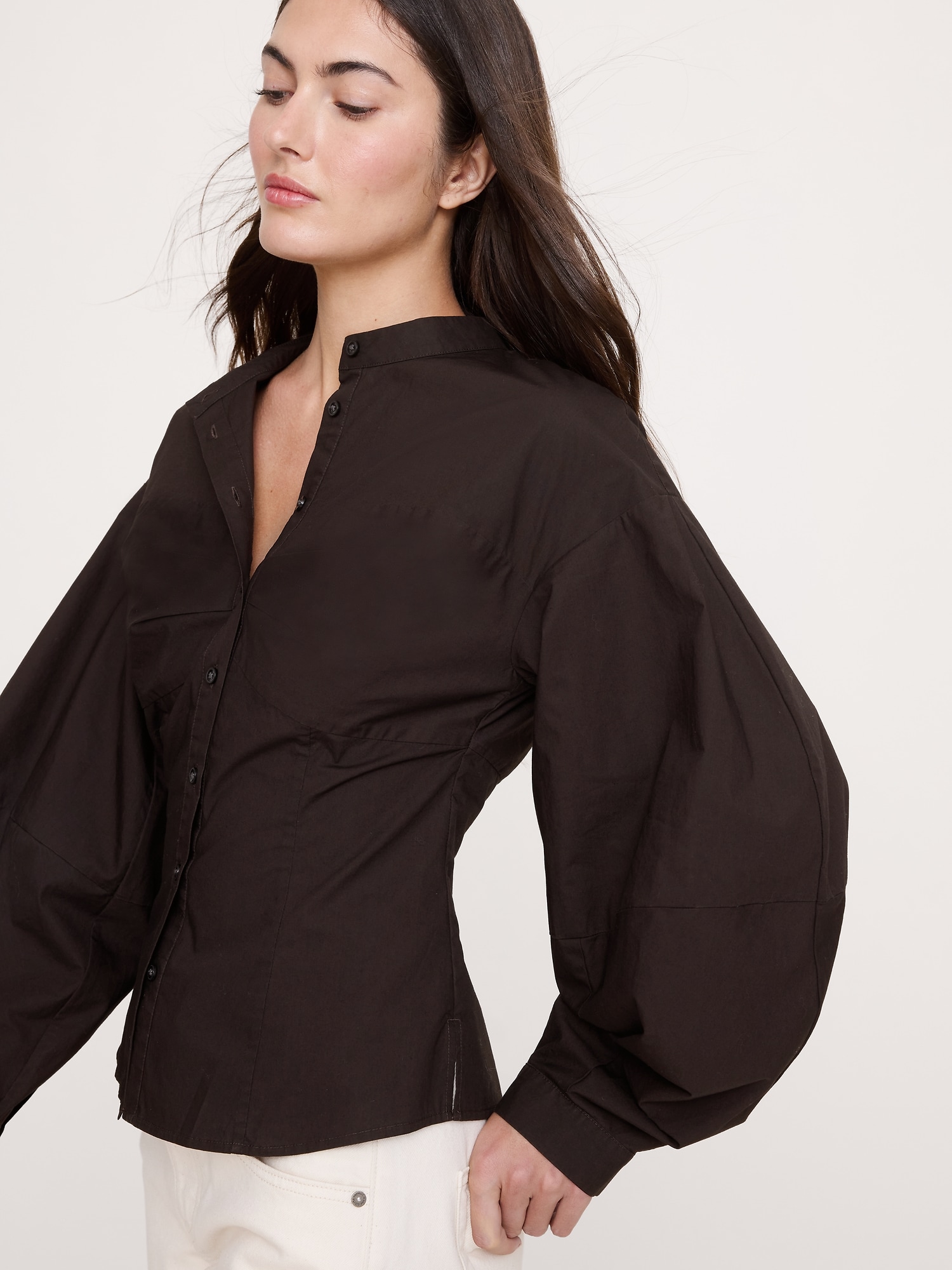 Cotton Poplin Balloon-Sleeve Shirt