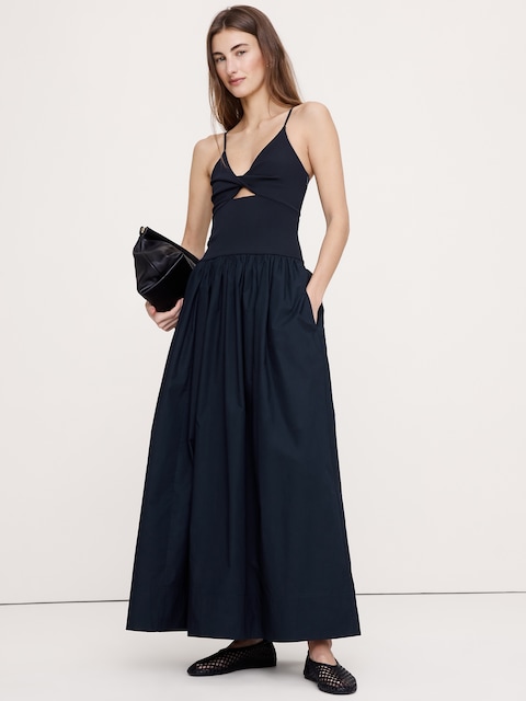 ROBE LONGUE À DEVANT TORSADÉ EN TRICOT DE JERSEY ET POPELINE