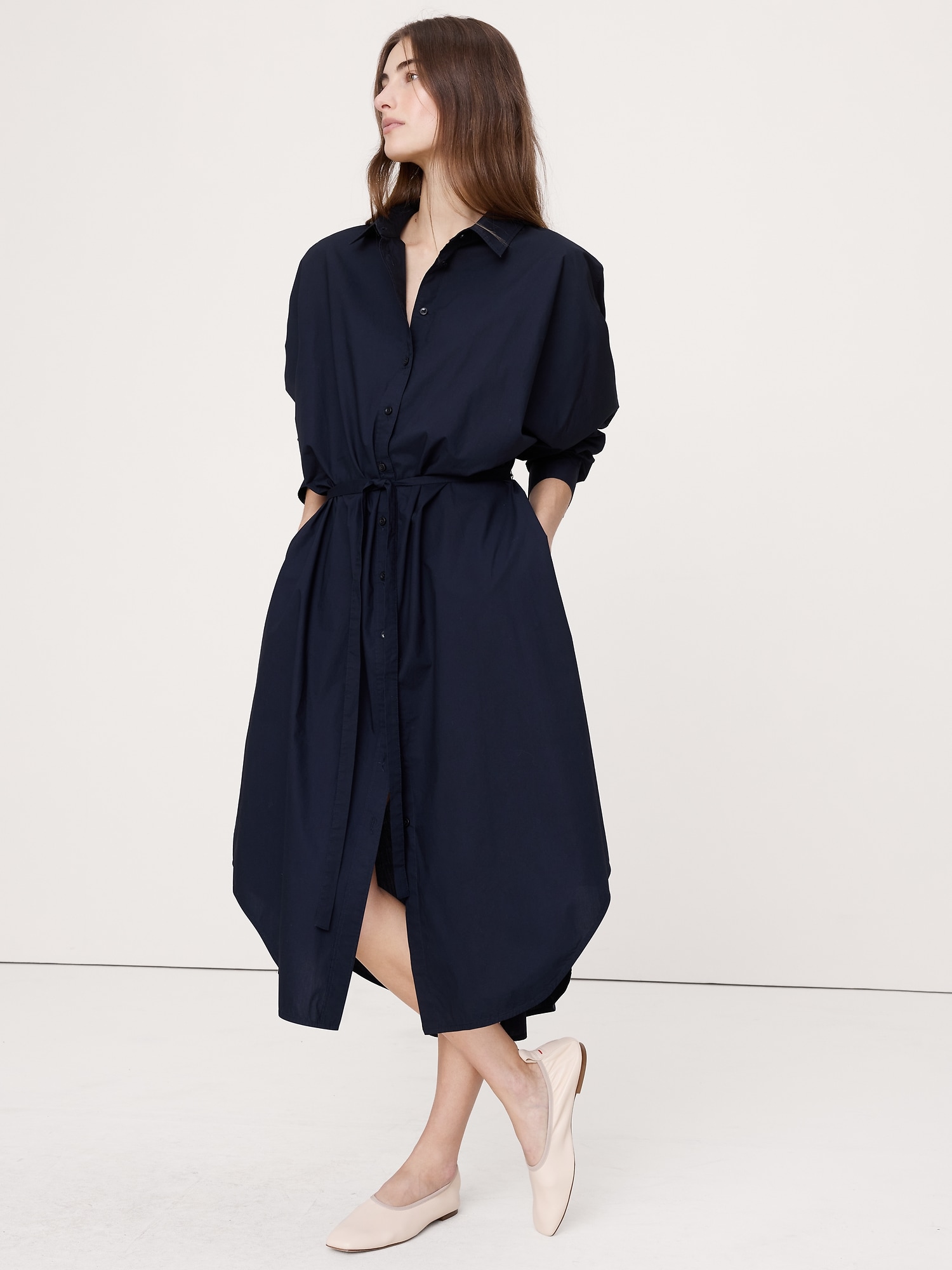 ROBE-CHEMISIER MI-LONGUE EN POPELINE DE COTON