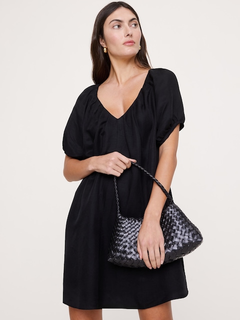 ROBE COURTE SURDIMENSIONNÉE À MANCHES BOUFFANTES EN LIN ET VISCOSE