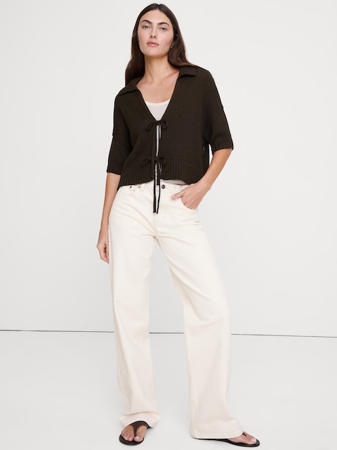 CARDIGAN À COL POLO EN COTON NOUÉ À L'AVANT