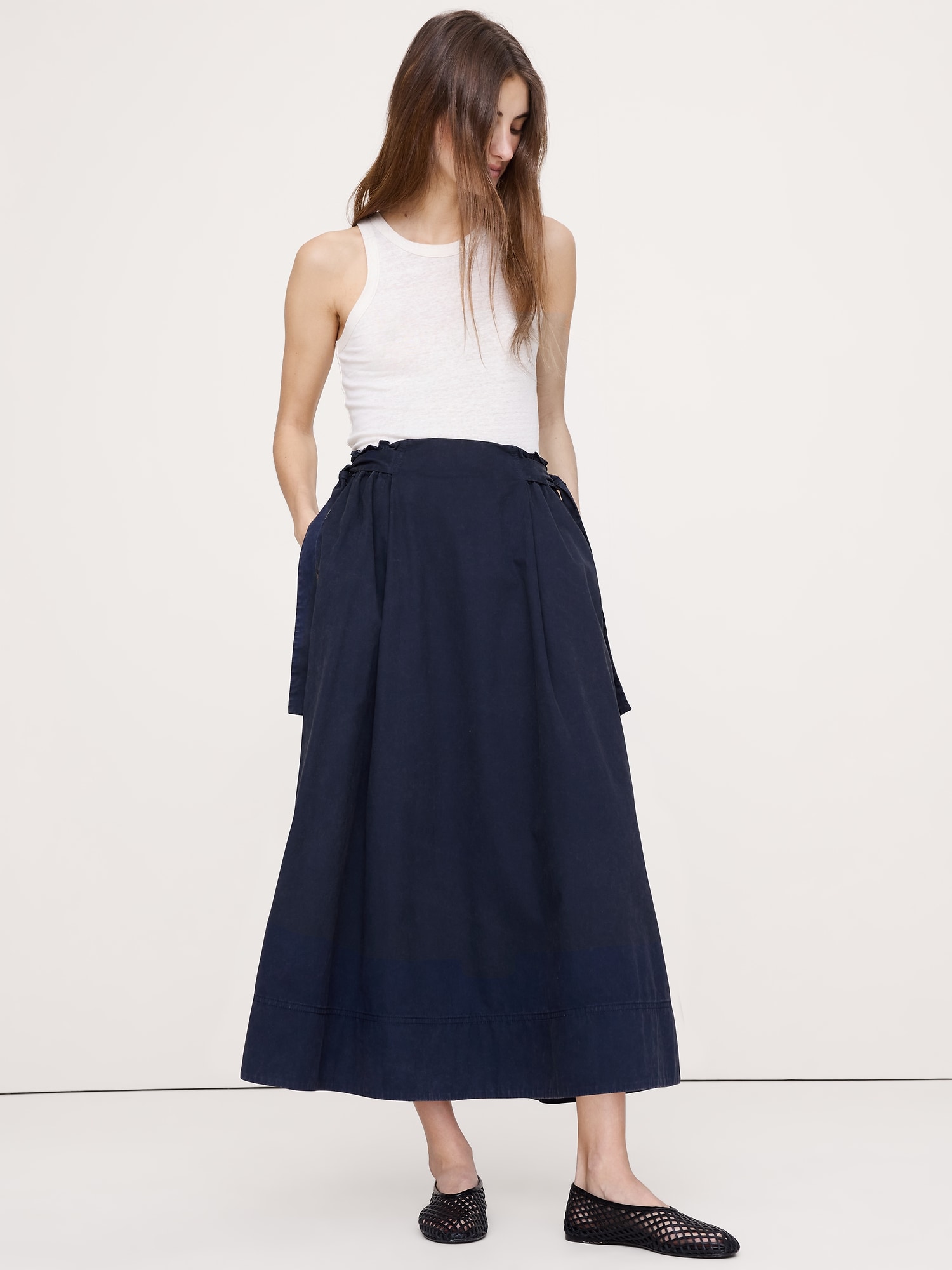 Cotton Twill Side-Tie Maxi Skirt