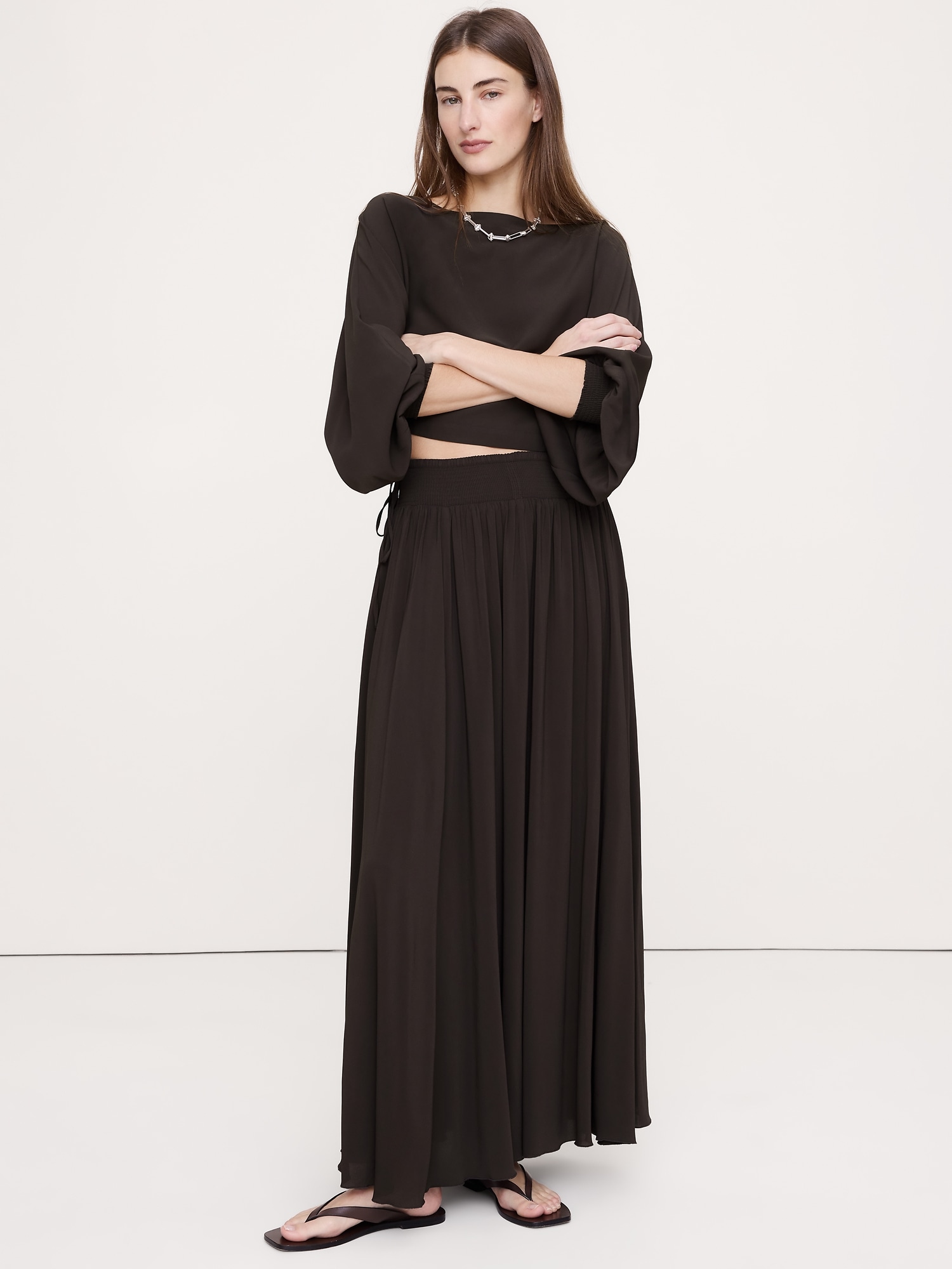 スモックド ジョーゼット マキシ スカート-0