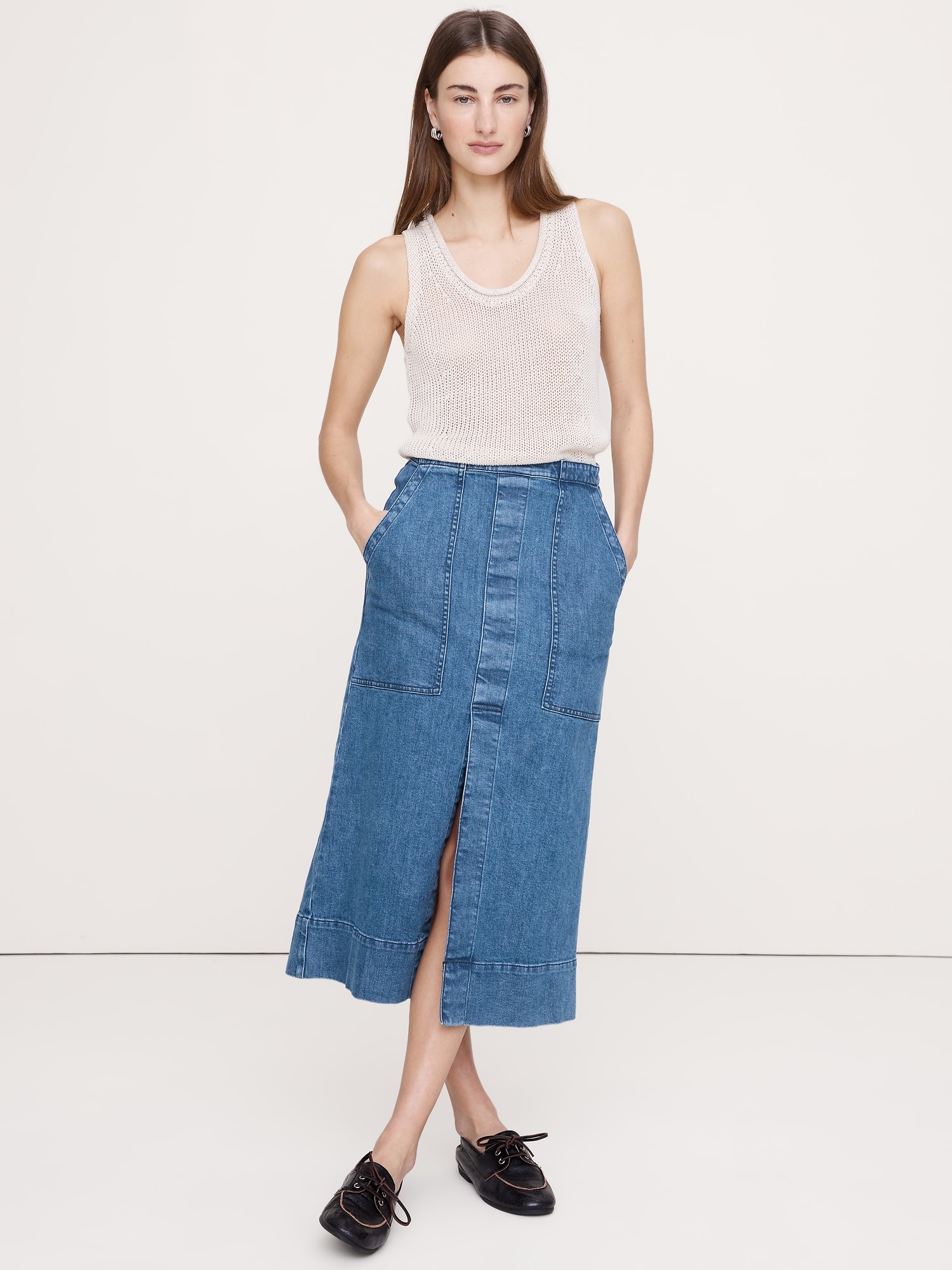 Denim Front-Slit Midi Skirt