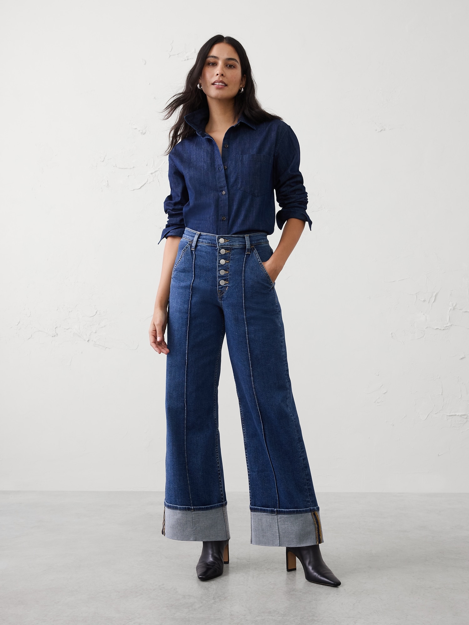 Wide-Leg High-Rise Pintuck Cuffed Jean