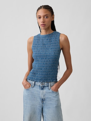 スモッキングギャザー ノースリーブ ボートネック トップス