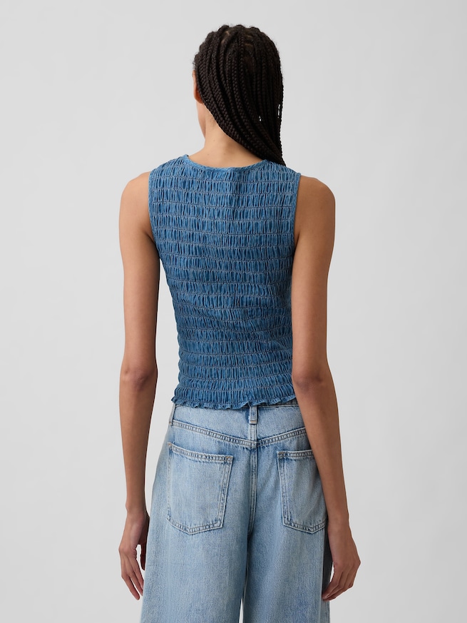 スモッキングギャザー ノースリーブ ボートネック トップス-1