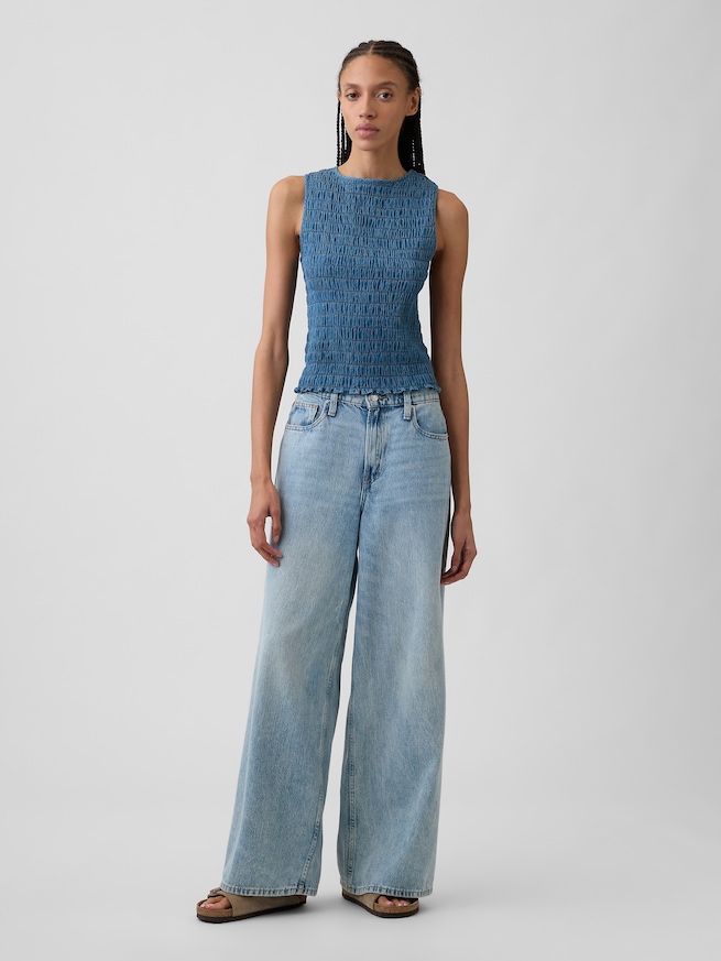 スモッキングギャザー ノースリーブ ボートネック トップス-2