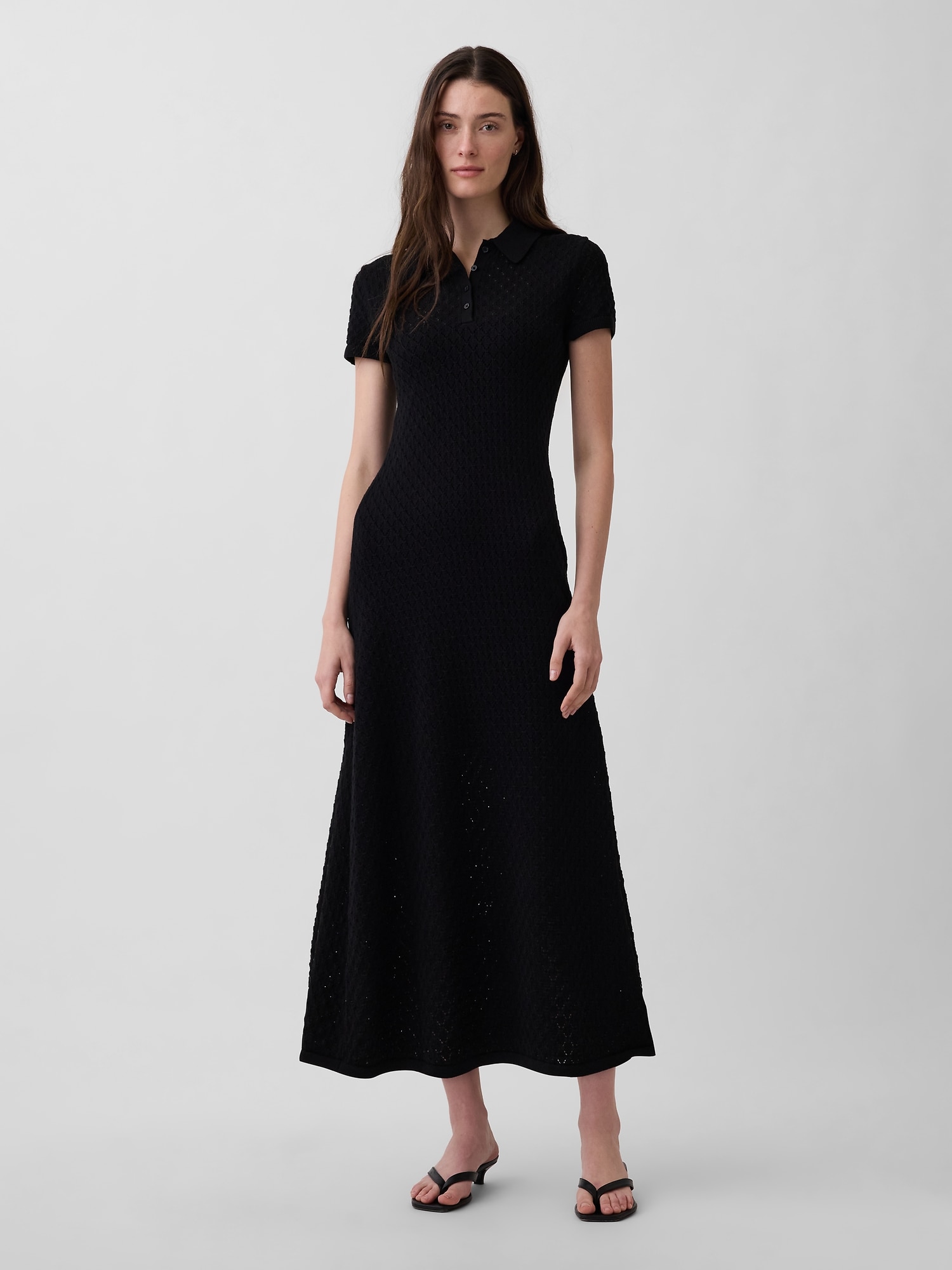 ROBE-CHANDAIL LONGUE À COL POLO EN TRICOT POINTELLE