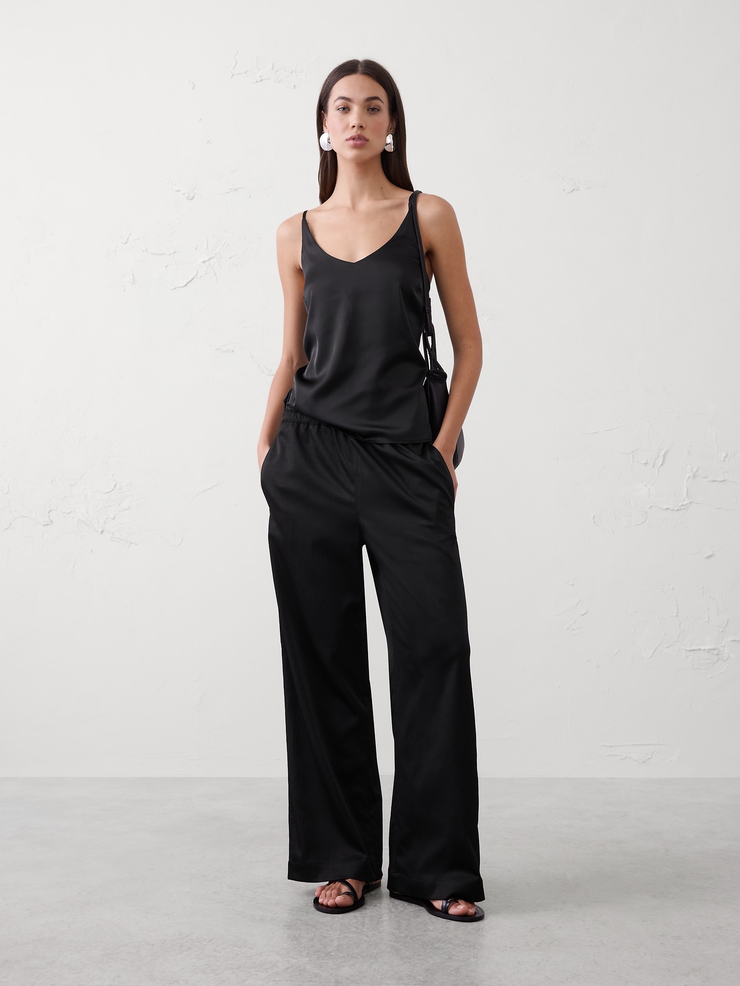 Wide-Leg High-Rise Crinkle Satin Pull-On Pant
