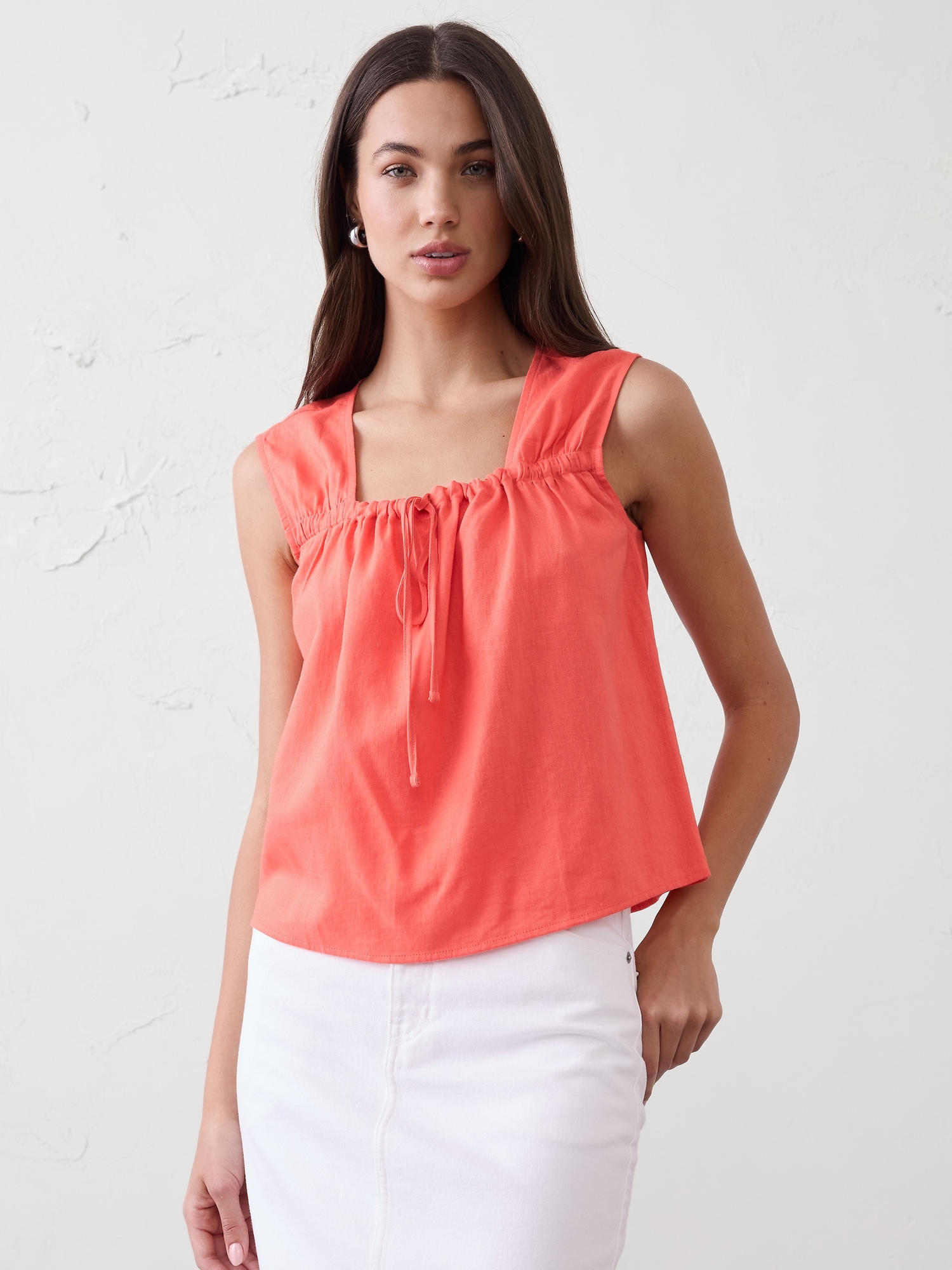 Linen-Blend Tied Popover Top