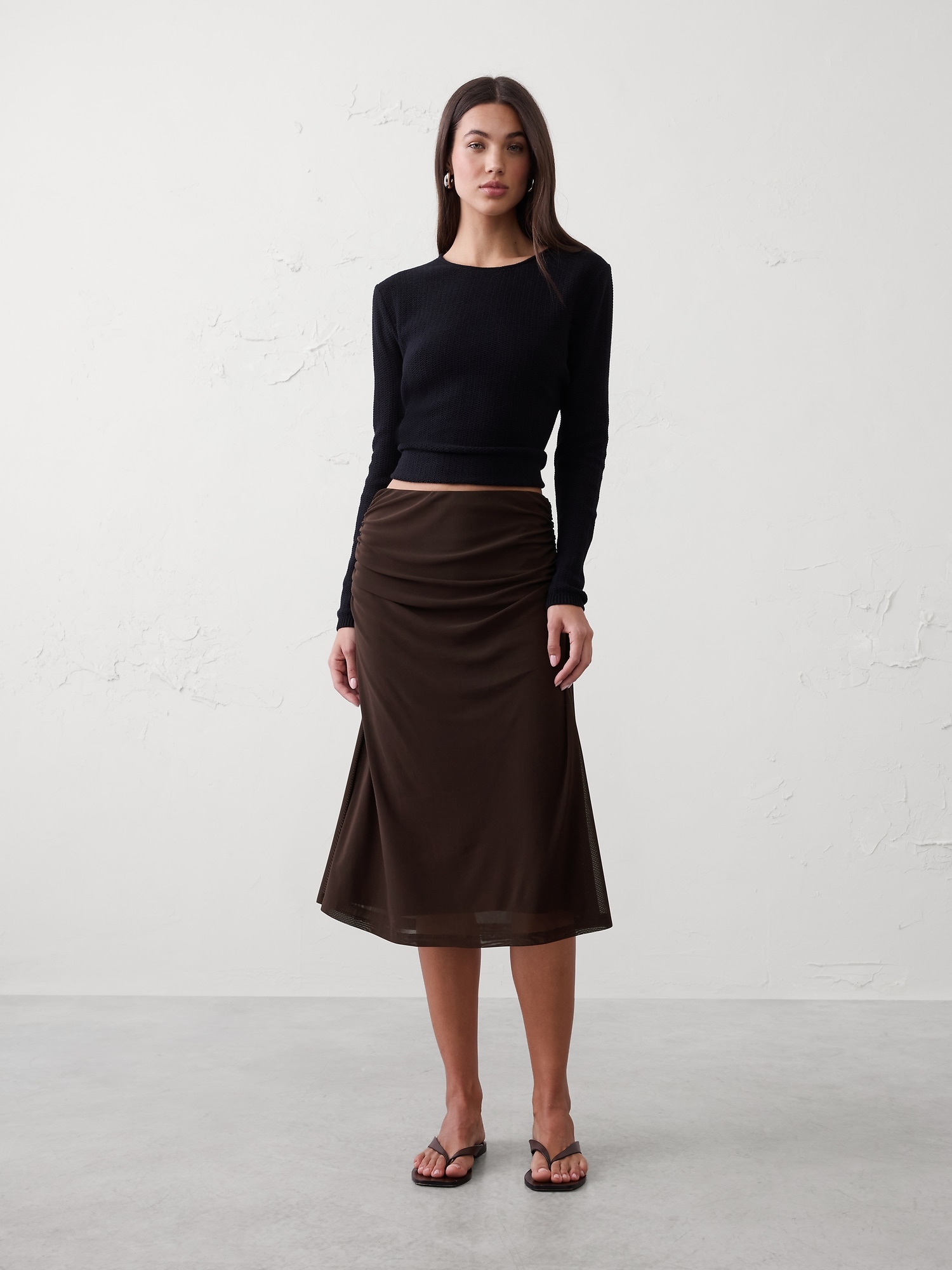 Mesh Shirred-Waist Midi Skirt