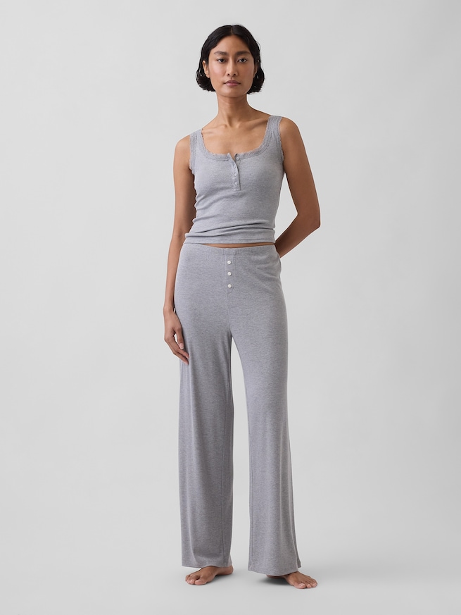 細リブ レース ヘンリーネック パジャマタンクトップ-1