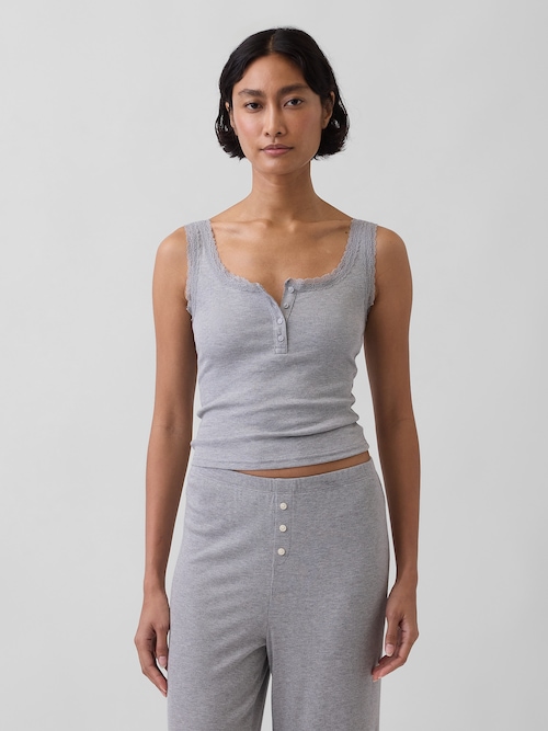 細リブ レース ヘンリーネック パジャマタンクトップ