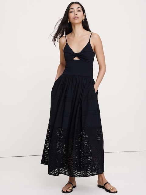 ROBE LONGUE À DEVANT TORSADÉ EN TRICOT DE JERSEY ET POPELINE