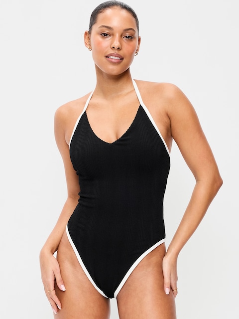 Ribbed V-Neck Halter One-Piece Swimsuit