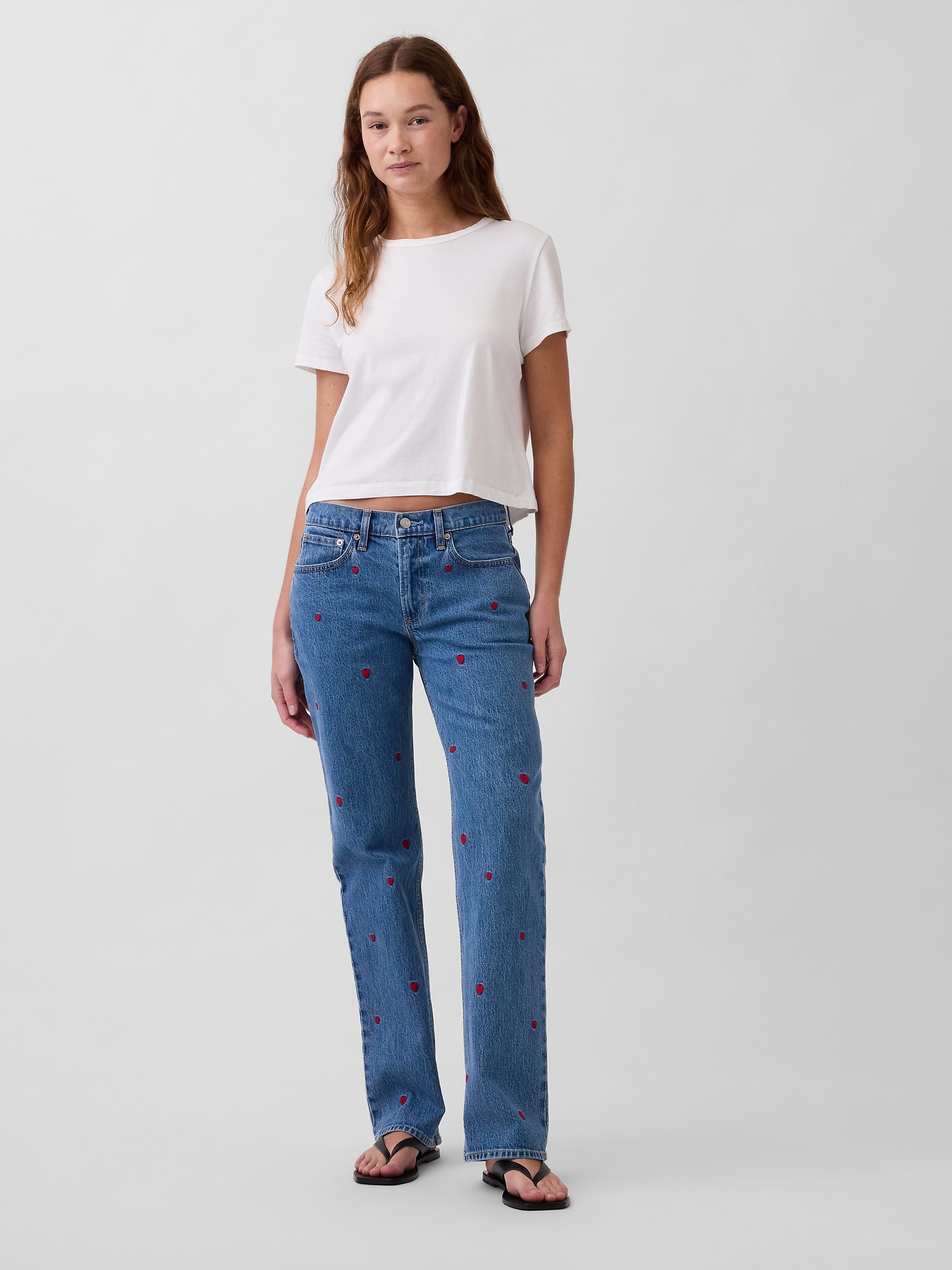 Mid Rise Embroidered Straight Jeans