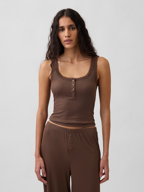 Mini Rib Lace Henley PJ Tank Top