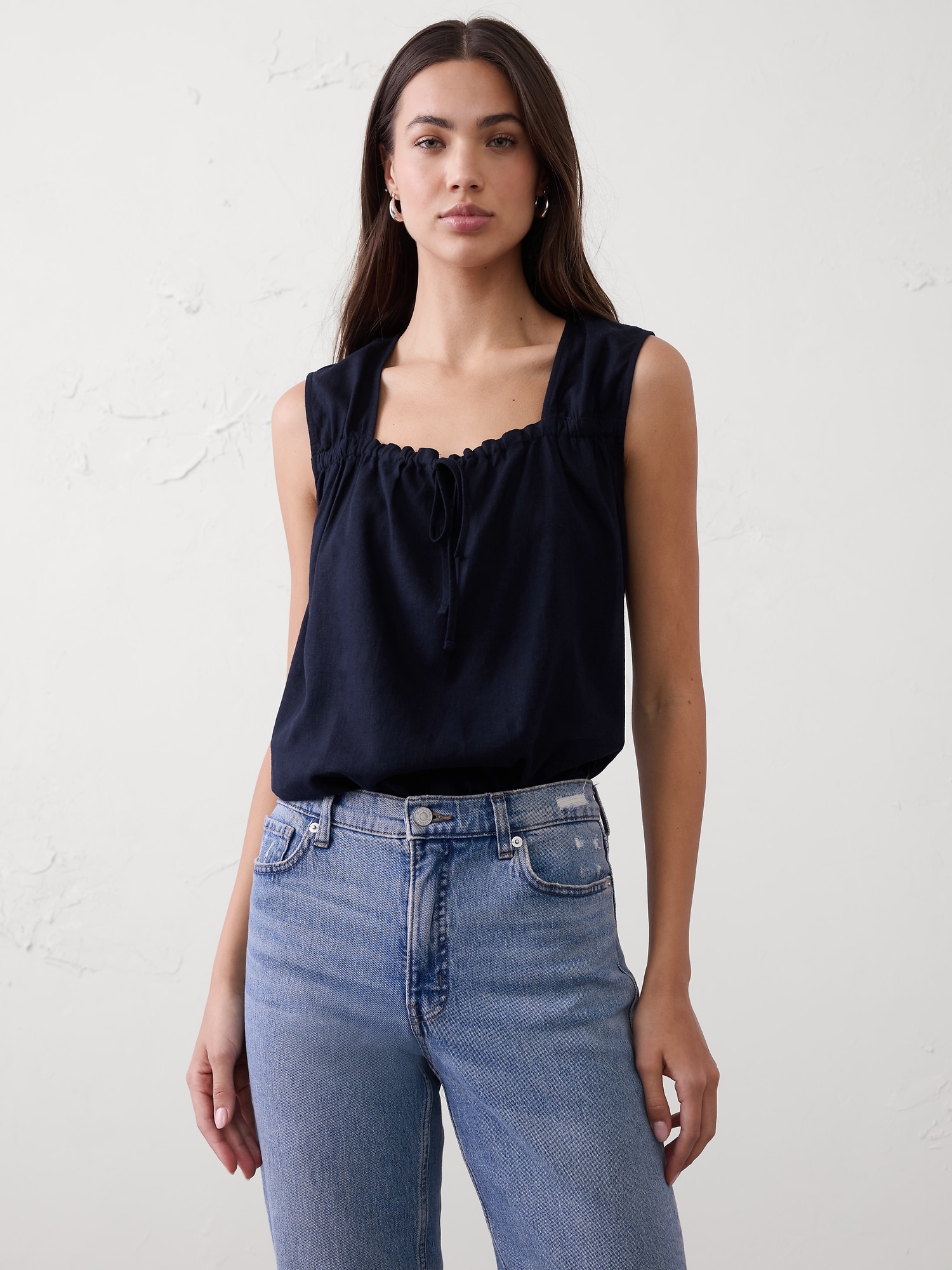 Linen-Blend Tied Popover Top