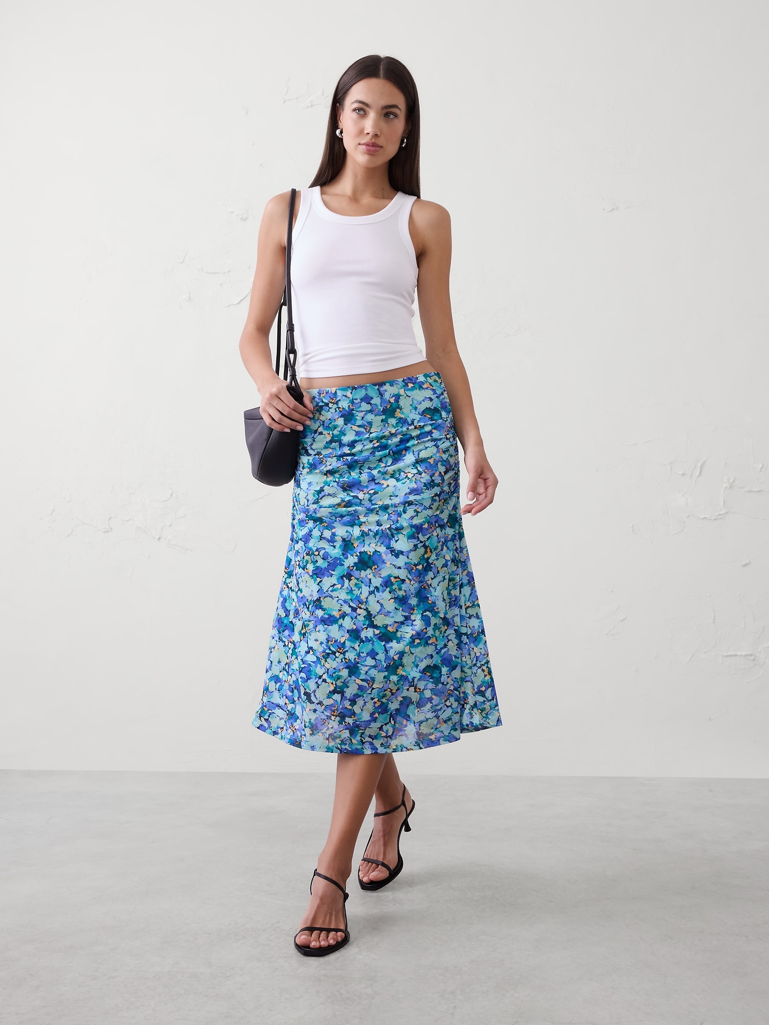 Mesh Shirred-Waist Midi Skirt