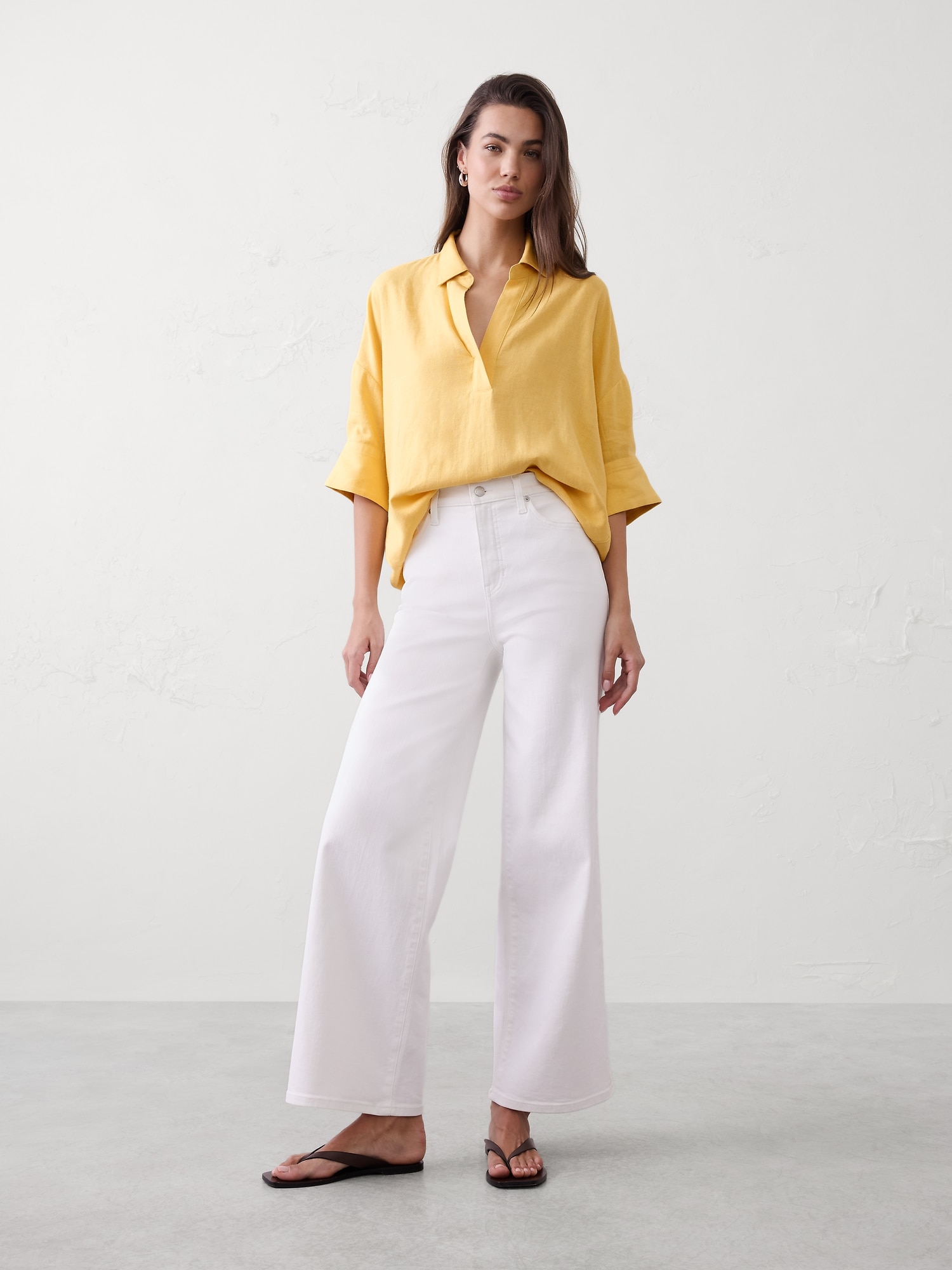 Linen-Blend Drapey Popover Shirt