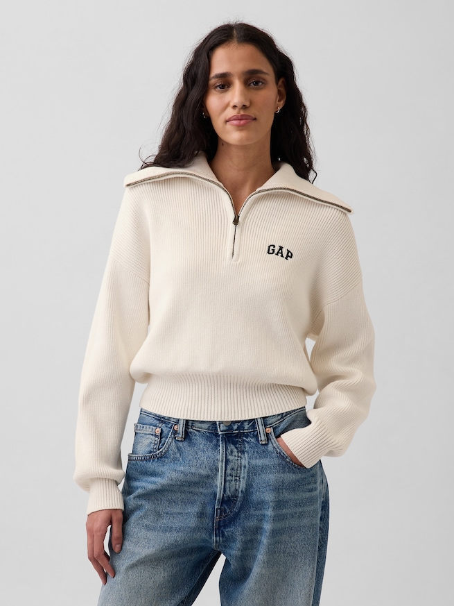 リラックスフィット GAPロゴ ハーフジップ プルオーバー クロップドセーター-0